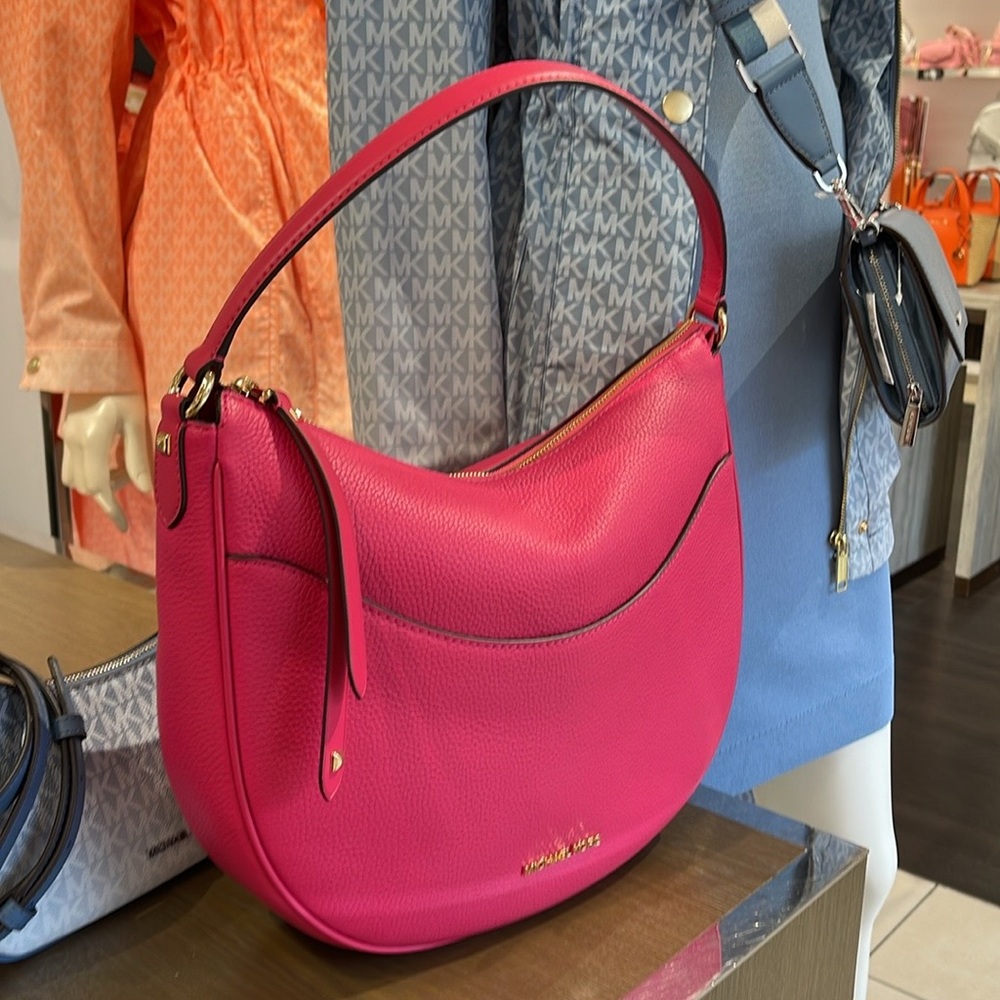 Michael Kors Dover Large Leather Top Zip Half Moon Shoulder Bag in Electric Pink - Picture 2 of 16